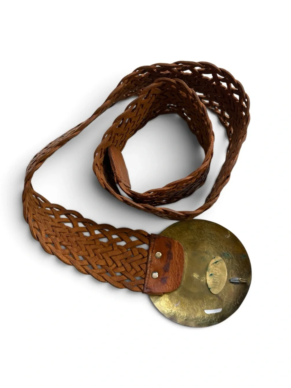 Chico's Braided Brown Leather Belt with Decorative Brass Buckle